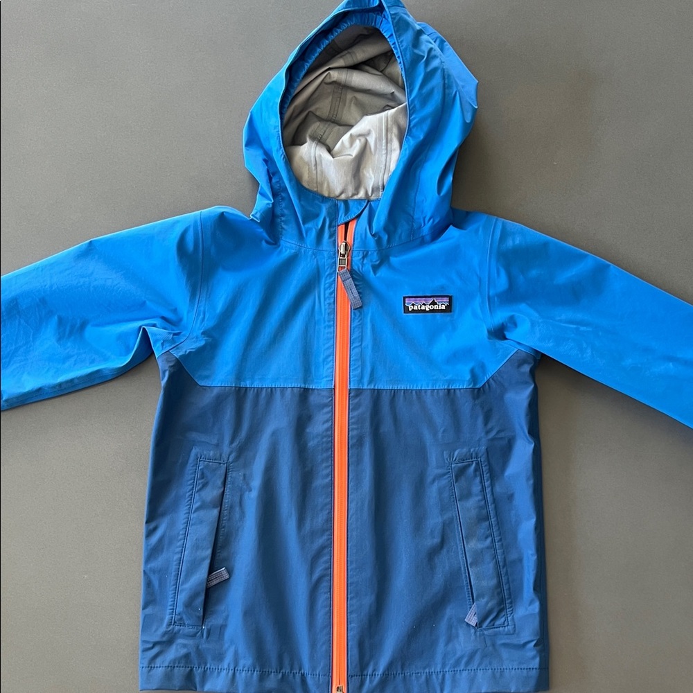 Patagonia Kids Blue Colorblock Hooded Rain Jacket with Orange Zipper